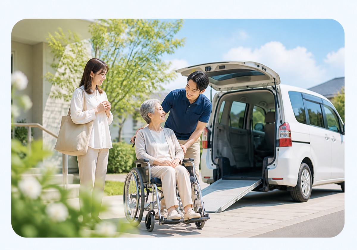 福祉車両のそばで車いすを利用する方の外出を支える場面のイメージ