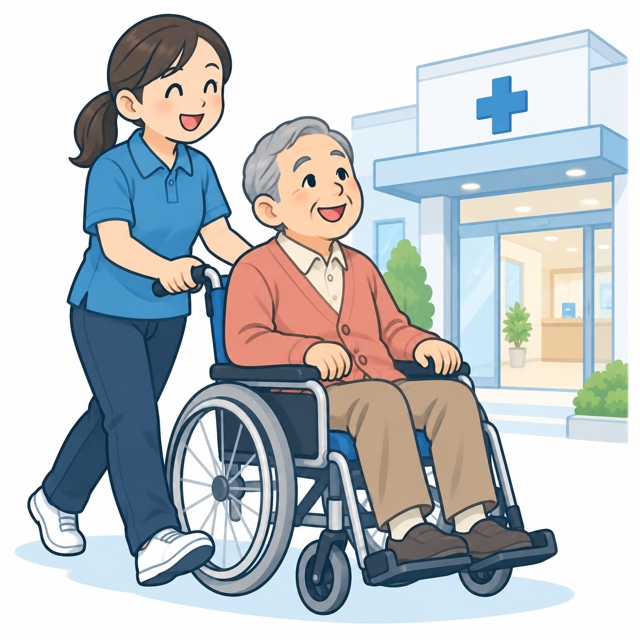 病院へ向かう車いすの利用者に付き添う職員